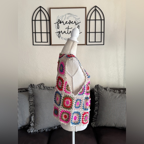 NATURAL LIFE Crochet Granny Square Colorful Boho Hippie Tie-Front Vest Size L/XL - Picture 12 of 14